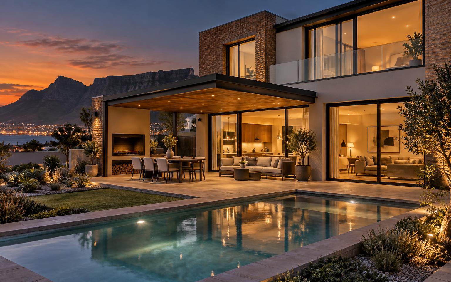 Architectural render of a modern Tiger build at dusk — facebrick home with covered timber patio, pool and warm interior lighting